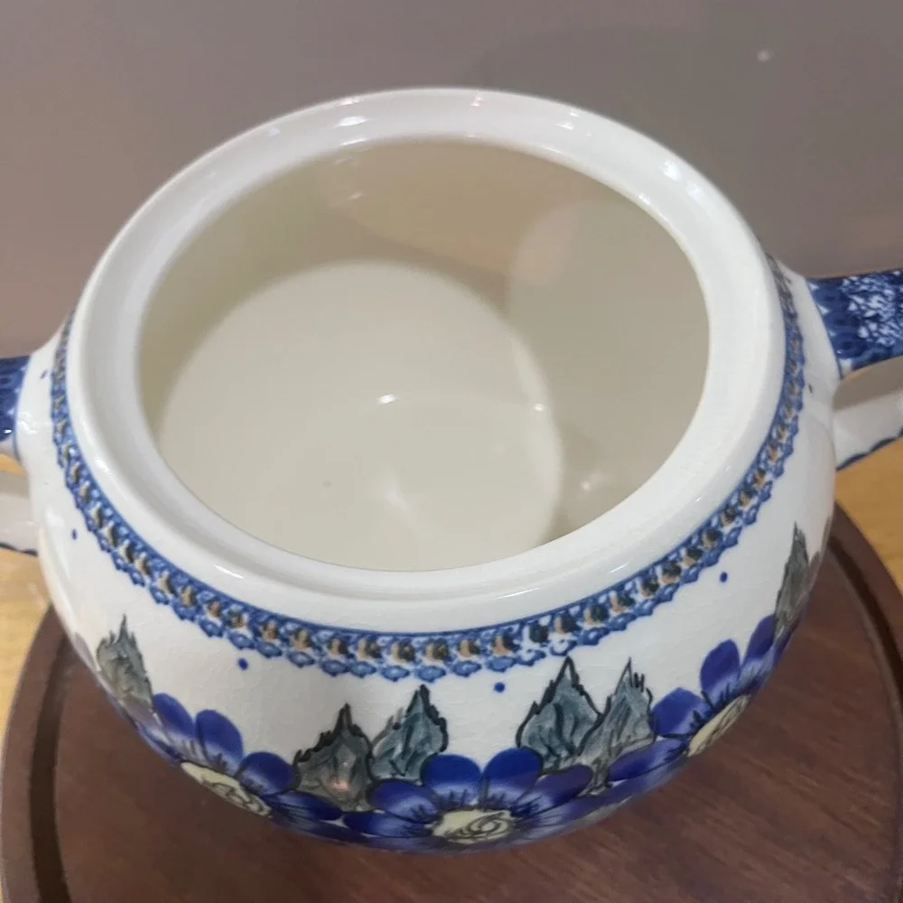 Vtg Polish Pottery Blue Floral Soup Tureen Set with Lid and Ladle Hand Painted